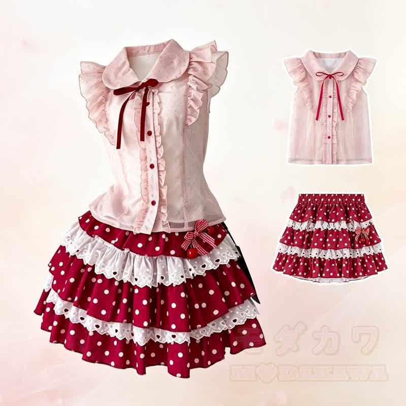 Zweiteiliges Set: Ärmelloses Top mit Schleife, gepunkteter Stufenrock aus Spitze und passendes Oberteil mit Polka-Dots. - image 1