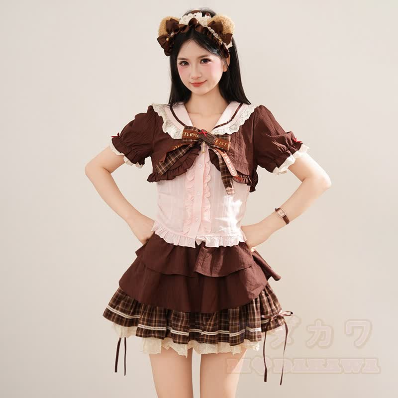 Kawaii Fashion: Kurzarmhemd mit Schleife und karierter Stufenrock, zweiteiliges Set - image 1
