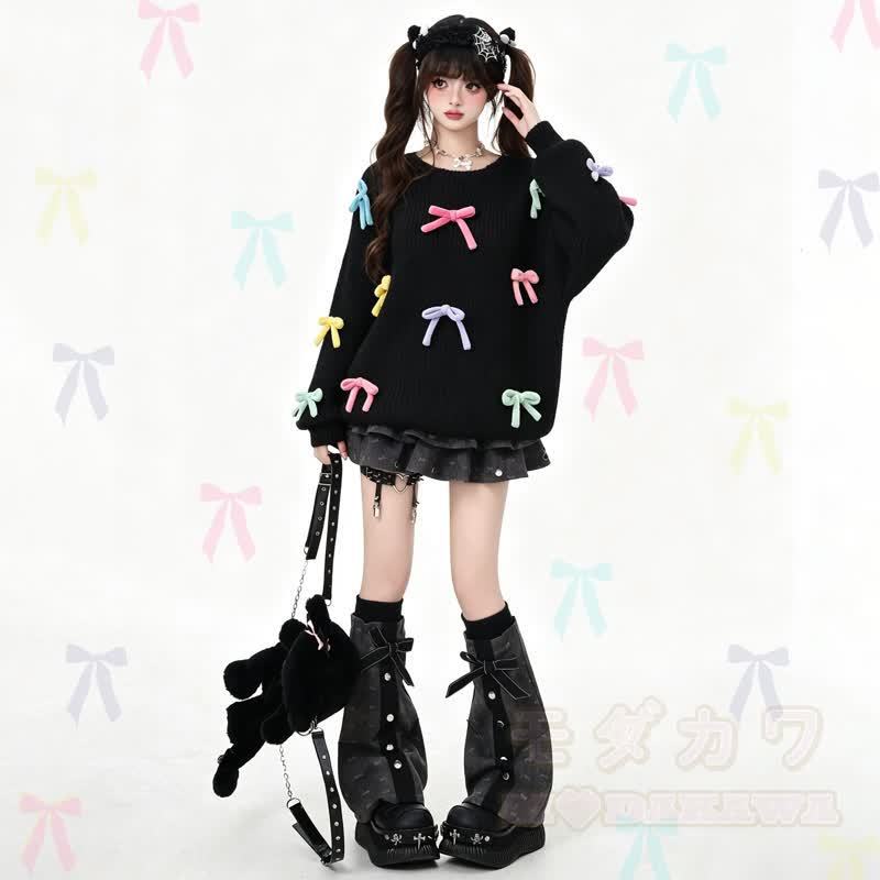 Bunter Strickpullover mit 3D-Schleife und Rundhalsausschnitt - image 1