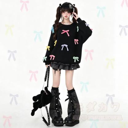 Bunter Strickpullover mit 3D-Schleife und Rundhalsausschnitt - image 1