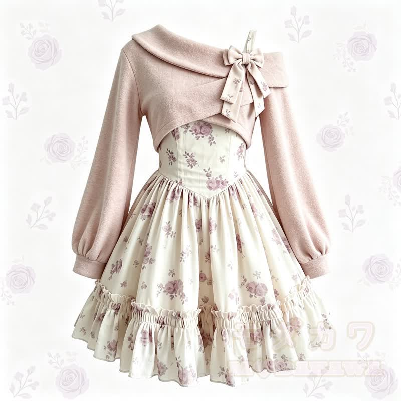 Elegantes schulterfreies Strickoberteil mit Schleife, floralem Rüschenkleid, zweiteiliges Set - image 1