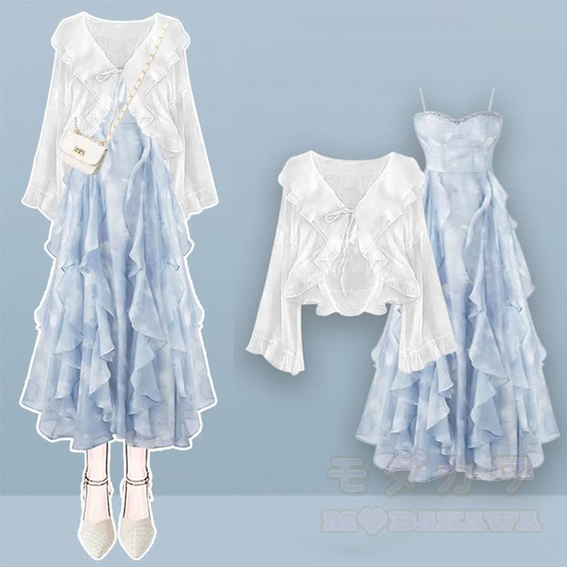 Elegantes zweiteiliges Set aus Strickjacke aus Eisseide mit Rüschenprint und Slipkleid - Satz - 4XL - image 1