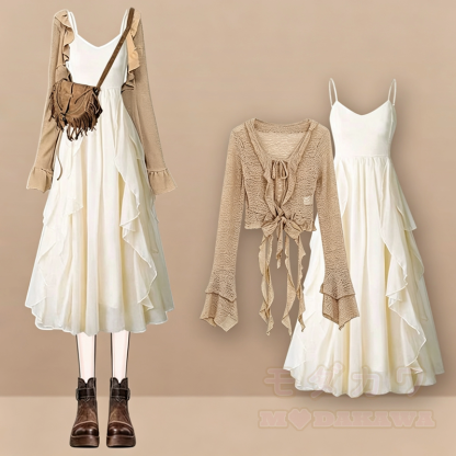 Elegantes zweiteiliges Set aus Strickjacke mit Rüschenkleid und langen Ärmeln mit Bindeband vorne - Satz - 4XL - image 1