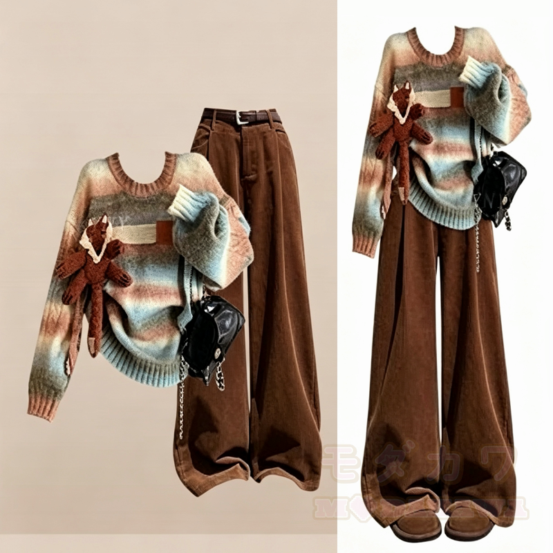 Vintage-Zweiteiler: Gestreifter Strickpullover im Farben Block-Stil und weite Hose - Satz - 4XL - image 1