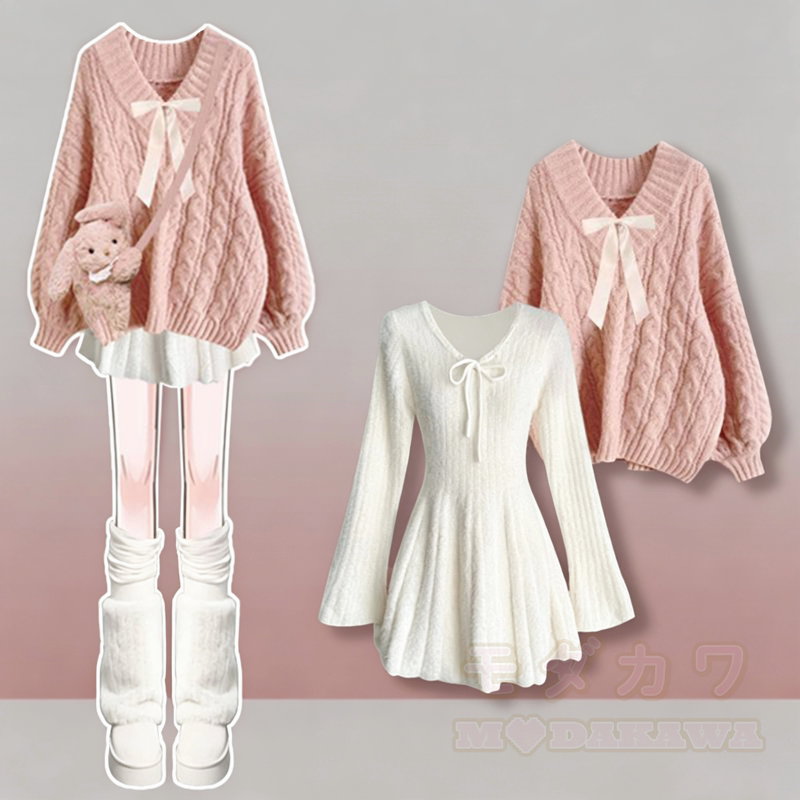 Zweiteiliges Set aus süßem Zopfstrickpullover mit Schleife und V-Ausschnitt sowie ausgestelltem Kleid - Satz - 4XL - image 1