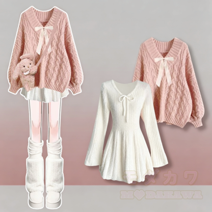 Zweiteiliges Set aus süßem Zopfstrickpullover mit Schleife und V-Ausschnitt sowie ausgestelltem Kleid - Satz - 4XL - image 1