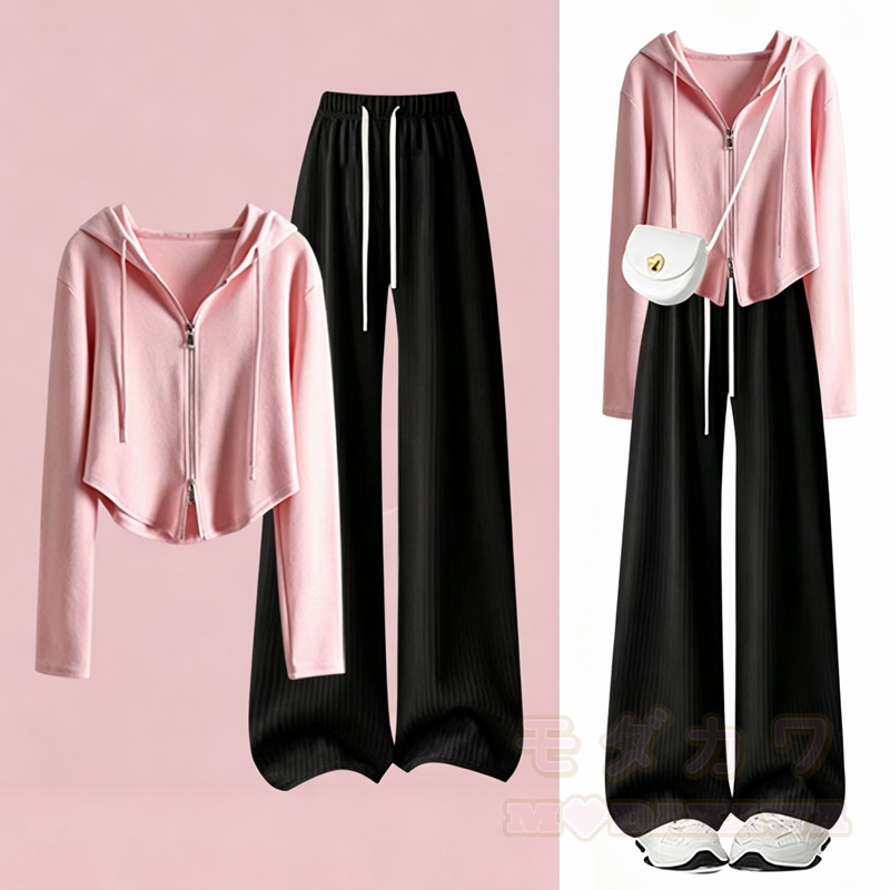 Süßes zweiteiliges Set bestehend aus einer kurzen Kapuzenjacke mit Reißverschluss, Kordelzug und einer weiten Hose mit Kordelzug. - Satz - 4XL - image 1