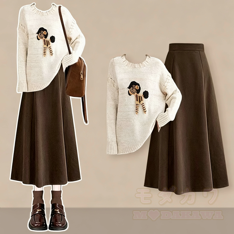 Zweiteiliges Set aus Strickpullover mit Cartoon-Muster, Rundhalsausschnitt und hochtailliertem Rock - Satz - 4XL - image 1