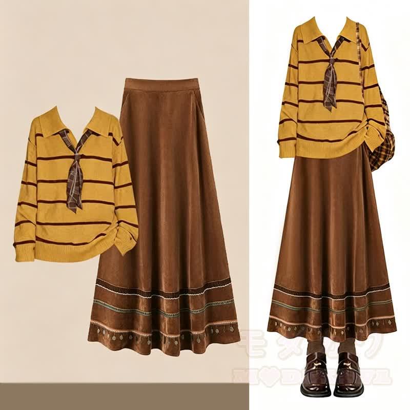 Zweiteiliges Set: Gestreifter Strickpullover mit Print am Saum und A-Linien-Rock - Satz - 4XL - image 1
