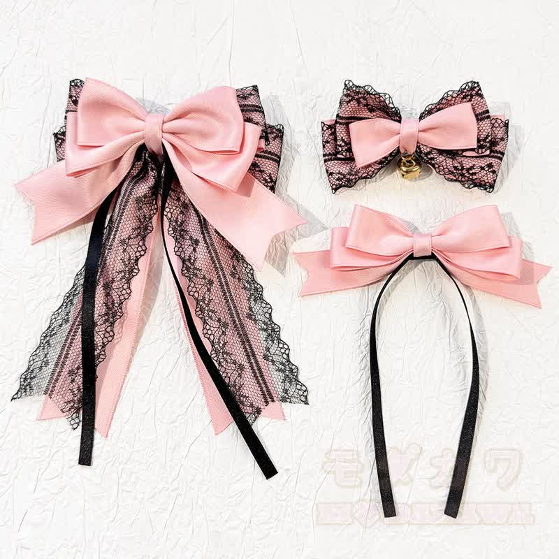 Lolita-Mode Gothic Pink Lace Long Streamer Bow Hair Accessories - image 1
