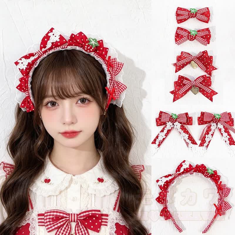 Sweet Lolita Mode: Haaraccessoires mit roter Schleife und weißen Punkten - image 1