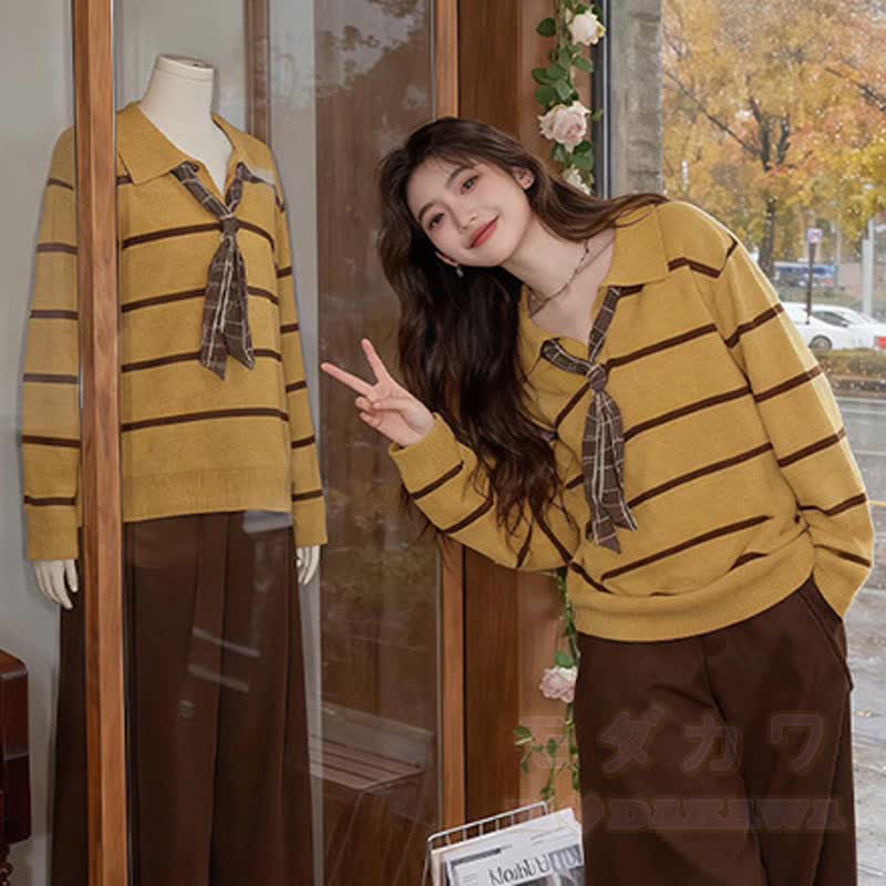 Zweiteiliges Set: Gestreifter Strickpullover mit Print am Saum und A-Linien-Rock - image 2