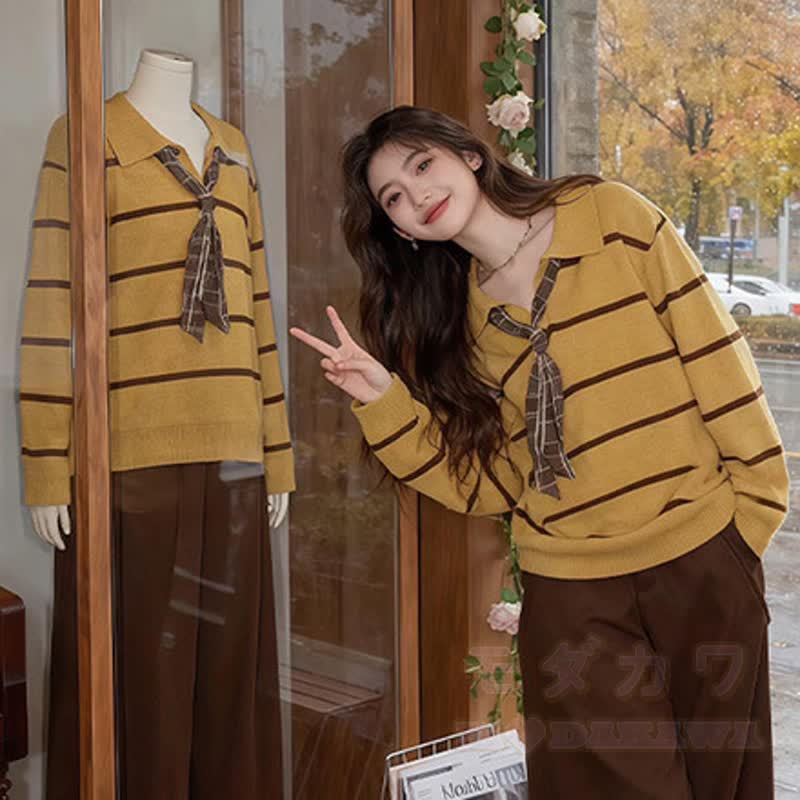 Zweiteiliges Set: Gestreifter Strickpullover mit Print am Saum und A-Linien-Rock - image 2