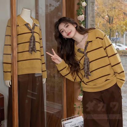 Zweiteiliges Set: Gestreifter Strickpullover mit Print am Saum und A-Linien-Rock - image 2