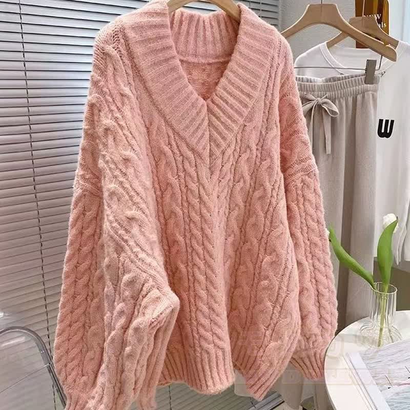 Zweiteiliges Set aus süßem Zopfstrickpullover mit Schleife und V-Ausschnitt sowie ausgestelltem Kleid - image 4