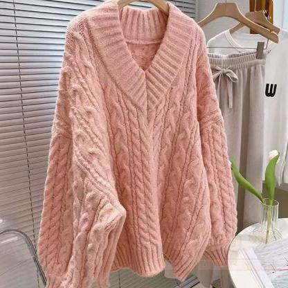 Zweiteiliges Set aus süßem Zopfstrickpullover mit Schleife und V-Ausschnitt sowie ausgestelltem Kleid - image 4