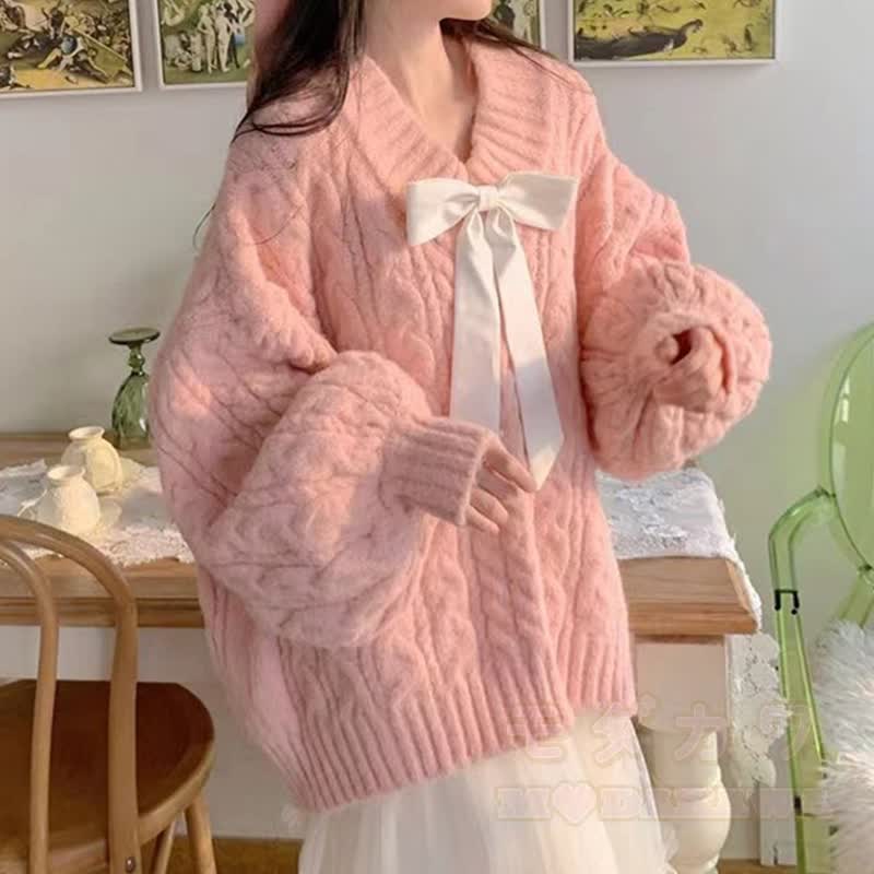 Zweiteiliges Set aus süßem Zopfstrickpullover mit Schleife und V-Ausschnitt sowie ausgestelltem Kleid - Spitze - 4XL - image 3
