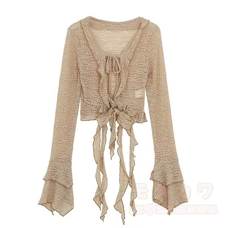 Elegantes zweiteiliges Set aus Strickjacke mit Rüschenkleid und langen Ärmeln mit Bindeband vorne - Spitze - 4XL - image 3