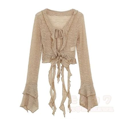 Elegantes zweiteiliges Set aus Strickjacke mit Rüschenkleid und langen Ärmeln mit Bindeband vorne - Spitze - 4XL - image 3