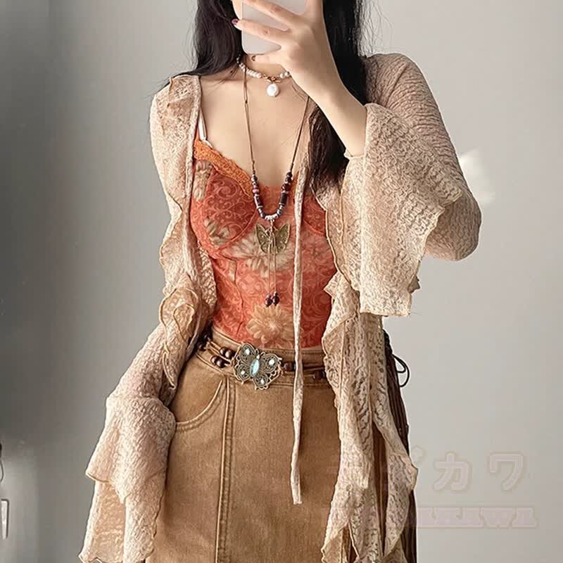 Elegantes zweiteiliges Set aus Strickjacke mit Rüschenkleid und langen Ärmeln mit Bindeband vorne - image 2