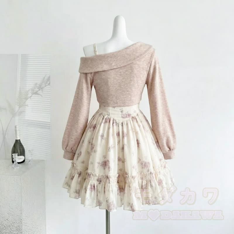 Elegantes schulterfreies Strickoberteil mit Schleife, floralem Rüschenkleid, zweiteiliges Set - image 3