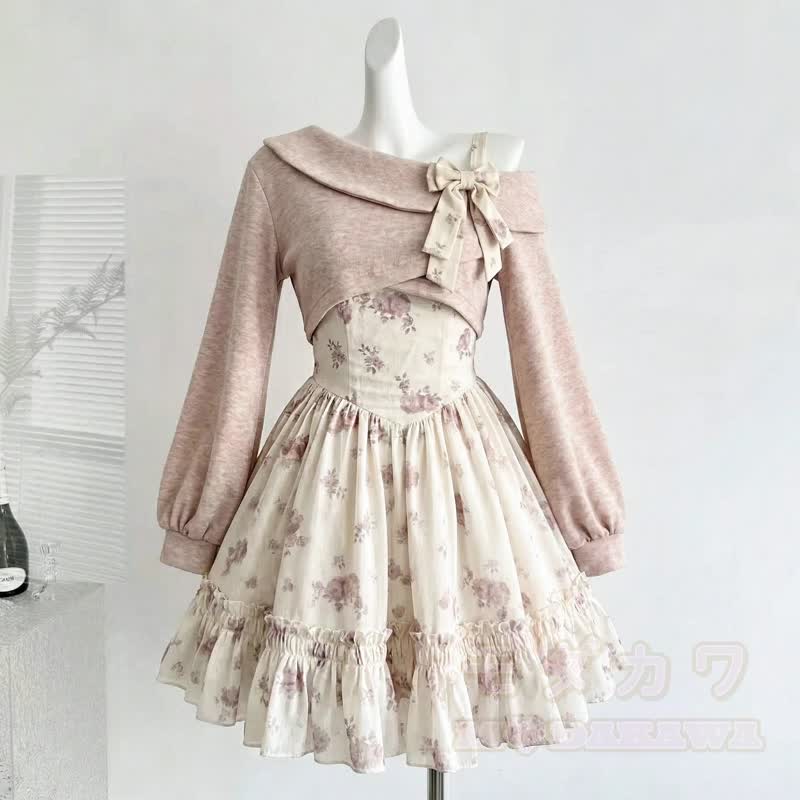Elegantes schulterfreies Strickoberteil mit Schleife, floralem Rüschenkleid, zweiteiliges Set - Satz - XL - image 2