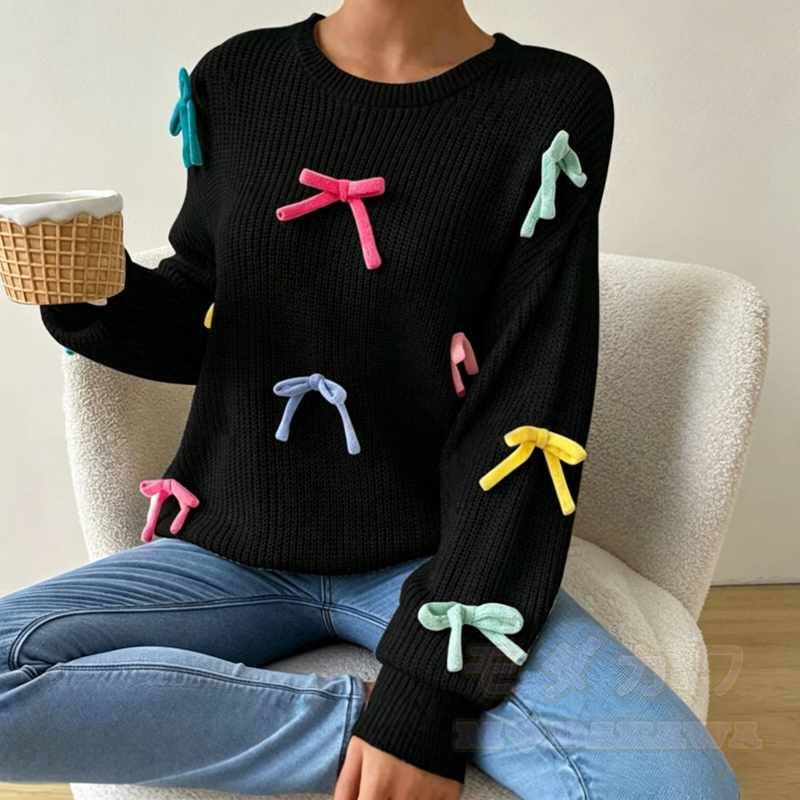 Bunter Strickpullover mit 3D-Schleife und Rundhalsausschnitt - Schwarz - L - image 2