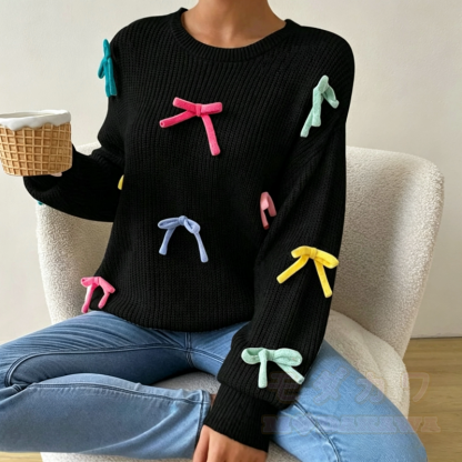 Bunter Strickpullover mit 3D-Schleife und Rundhalsausschnitt - Schwarz - L - image 2