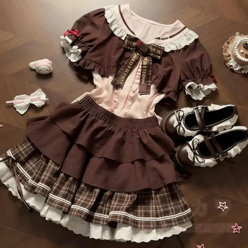 Kawaii Fashion: Kurzarmhemd mit Schleife und karierter Stufenrock, zweiteiliges Set - Satz - XL - image 10