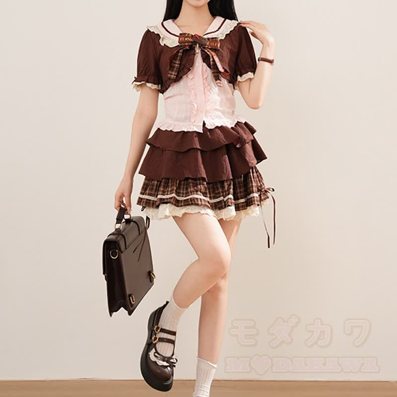 Kawaii Fashion: Kurzarmhemd mit Schleife und karierter Stufenrock, zweiteiliges Set - image 4