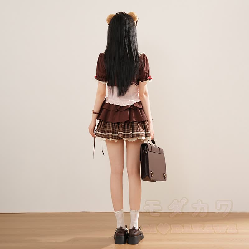 Kawaii Fashion: Kurzarmhemd mit Schleife und karierter Stufenrock, zweiteiliges Set - image 3