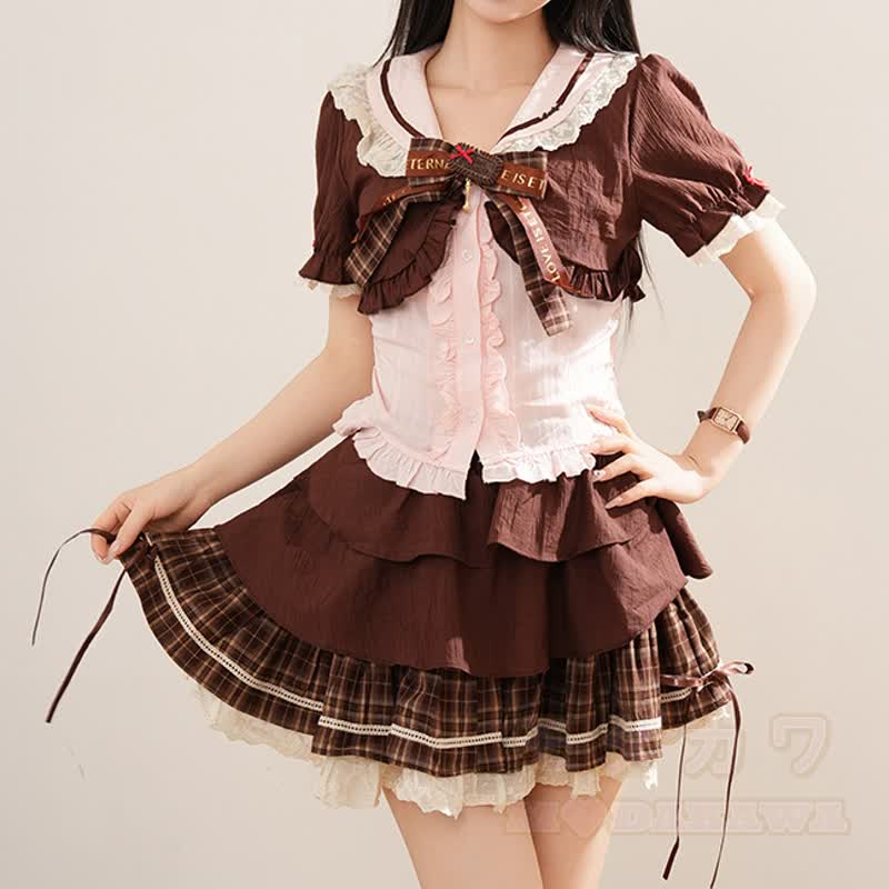 Kawaii Fashion: Kurzarmhemd mit Schleife und karierter Stufenrock, zweiteiliges Set - image 6
