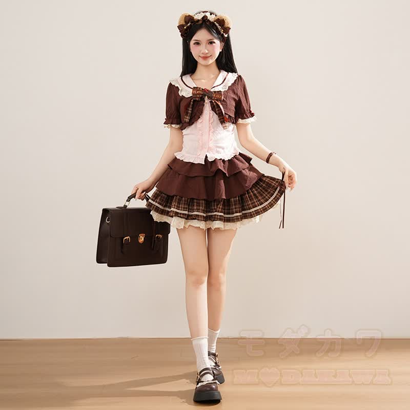 Kawaii Fashion: Kurzarmhemd mit Schleife und karierter Stufenrock, zweiteiliges Set - image 2