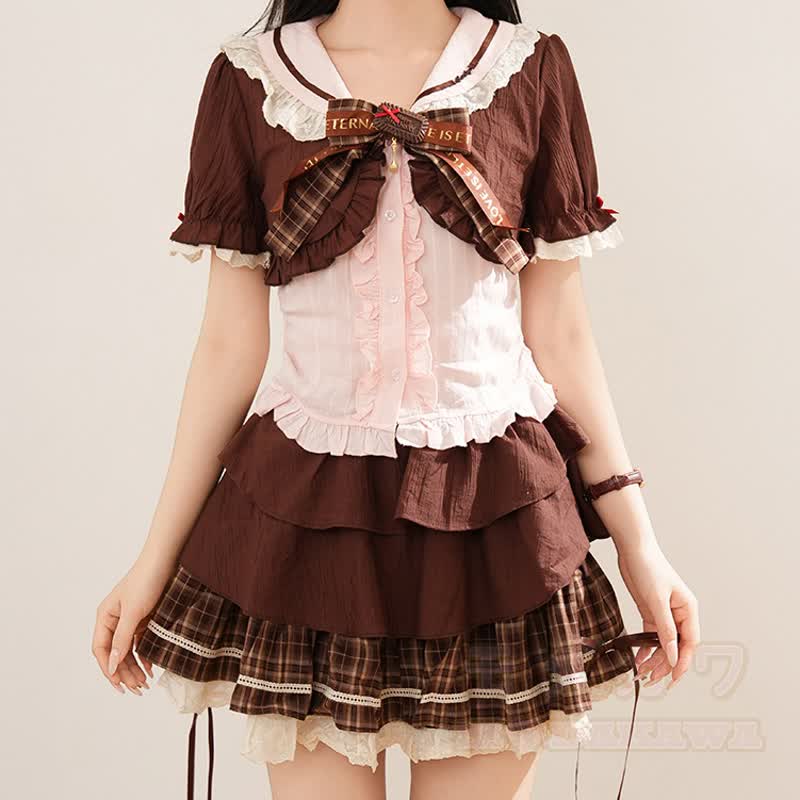 Kawaii Fashion: Kurzarmhemd mit Schleife und karierter Stufenrock, zweiteiliges Set - image 8