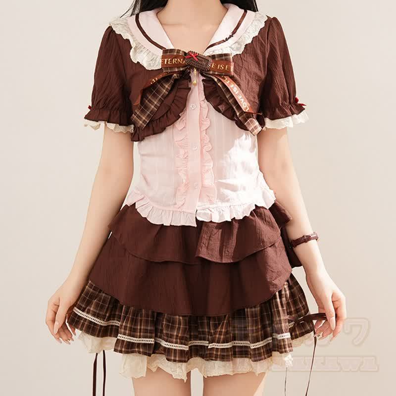 Kawaii Fashion: Kurzarmhemd mit Schleife und karierter Stufenrock, zweiteiliges Set - image 8