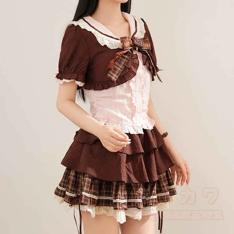 Kawaii Fashion: Kurzarmhemd mit Schleife und karierter Stufenrock, zweiteiliges Set - image 7