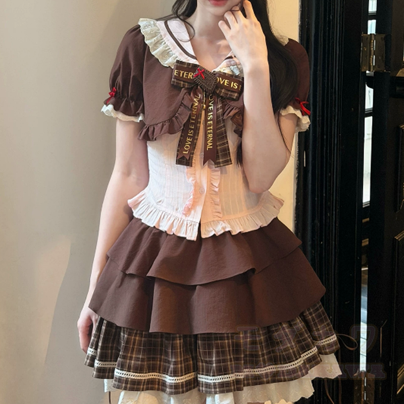 Kawaii Fashion: Kurzarmhemd mit Schleife und karierter Stufenrock, zweiteiliges Set - image 9