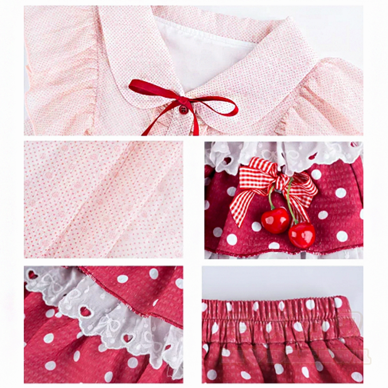 Zweiteiliges Set: Ärmelloses Top mit Schleife, gepunkteter Stufenrock aus Spitze und passendes Oberteil mit Polka-Dots. - image 5