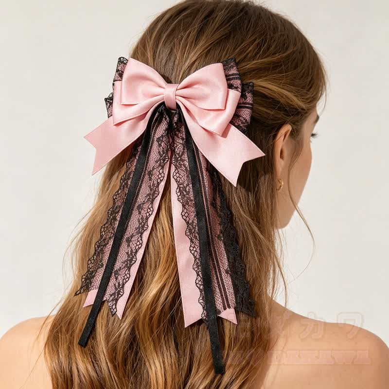 Lolita-Mode Gothic Pink Lace Long Streamer Bow Hair Accessories - image 2