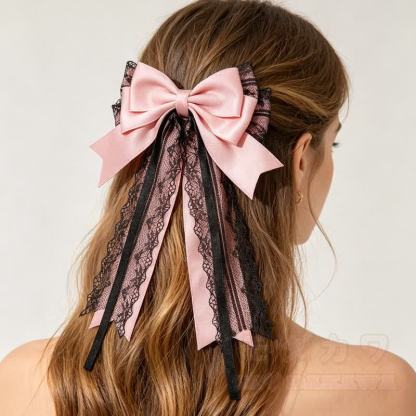 Lolita-Mode Gothic Pink Lace Long Streamer Bow Hair Accessories - image 2
