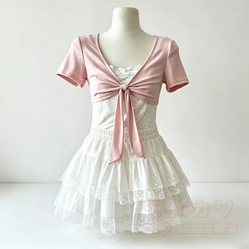 Zweiteiliges Set aus süßem Kurzarm-T-Shirt mit Schleife und Polka-Dots sowie einem Rock mit elastischem Bund - Rosa Top - XL - image 1