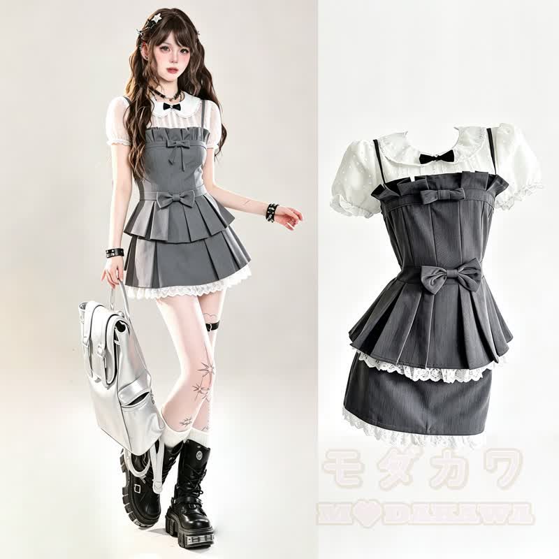 Zweiteiliges Set aus süßem Spitzen-Camisole mit Schleife und Faltenrock - image 1