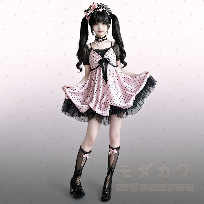 Süßes zweiteiliges Set aus zweiteiligem Kleid mit Polka-Dots, Spitze und Schleife. - image 1
