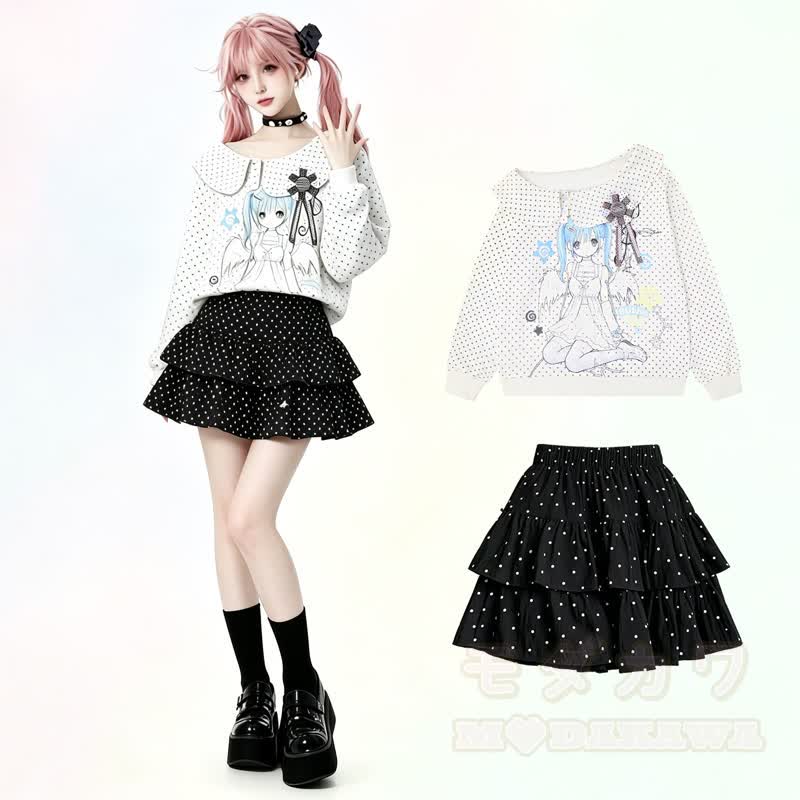Zweiteiliges Set aus Sweatshirt mit Matrosenkragen und Polka-Dot-Rock im Cartoon-Anime-Stil - Satz - XL - image 1