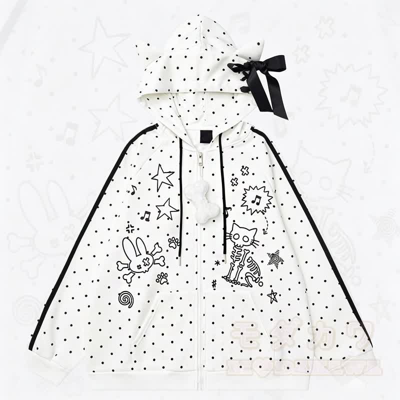 Hochwertige, strapazierfähige Kapuzenjacke mit Polka-Dot-Muster, Schleife und Reißverschluss - Weiß - L - image 1