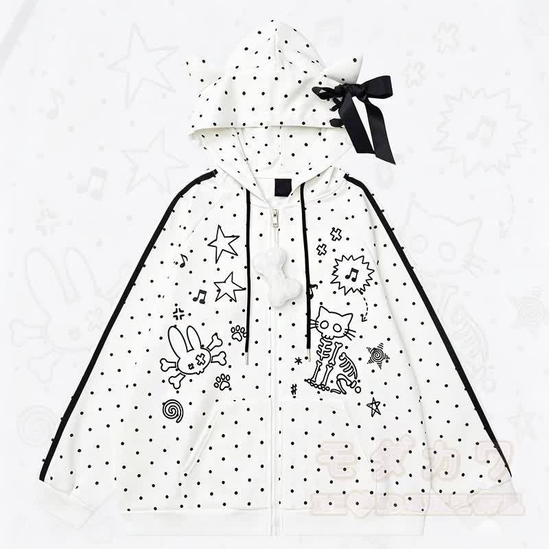 Hochwertige, strapazierfähige Kapuzenjacke mit Polka-Dot-Muster, Schleife und Reißverschluss - Weiß - L - image 1