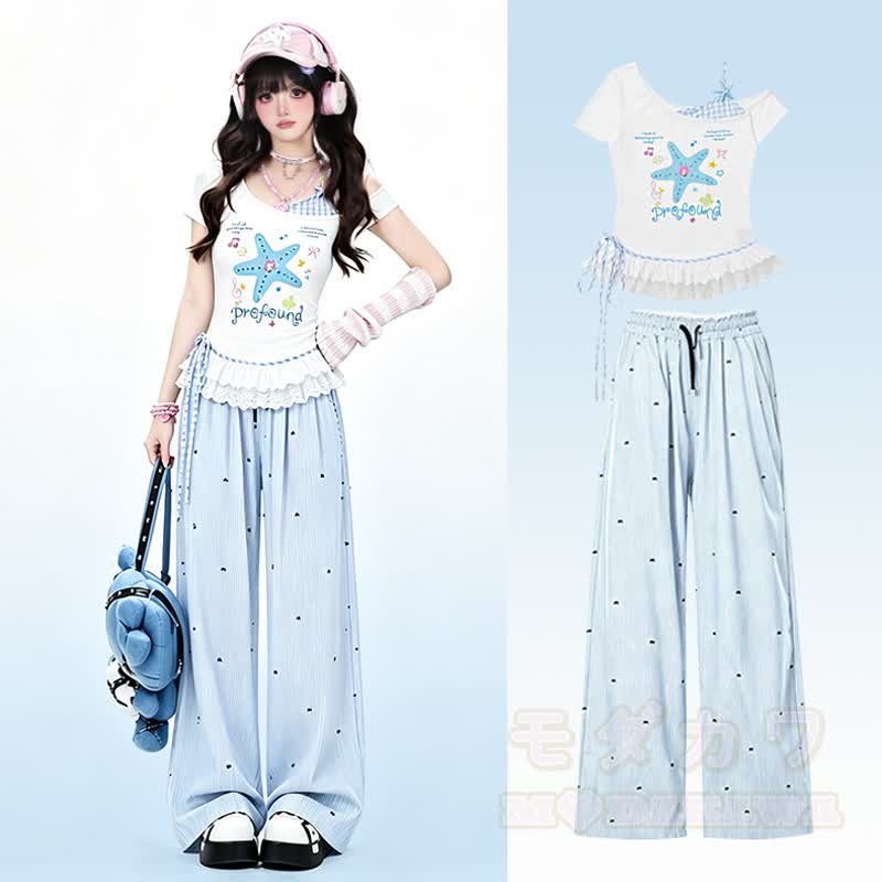 Zweiteiliges Set: Sternenmuster-Top mit schulterfreiem Spitzeneinsatz, gepunktete Hose mit weitem Bein und passendem Spitzentop mit Polka-Dot-Print, schulterfreiem Top und gepunkteter Hose mit weitem Bein - image 1