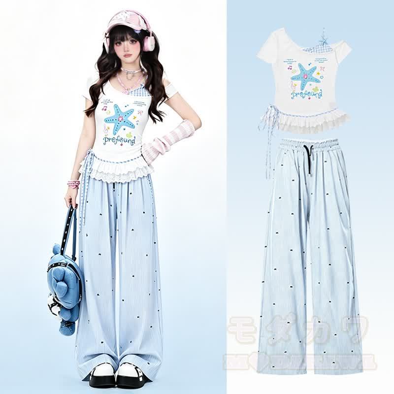 Zweiteiliges Set: Sternenmuster-Top mit schulterfreiem Spitzeneinsatz, gepunktete Hose mit weitem Bein und passendem Spitzentop mit Polka-Dot-Print, schulterfreiem Top und gepunkteter Hose mit weitem Bein - image 1