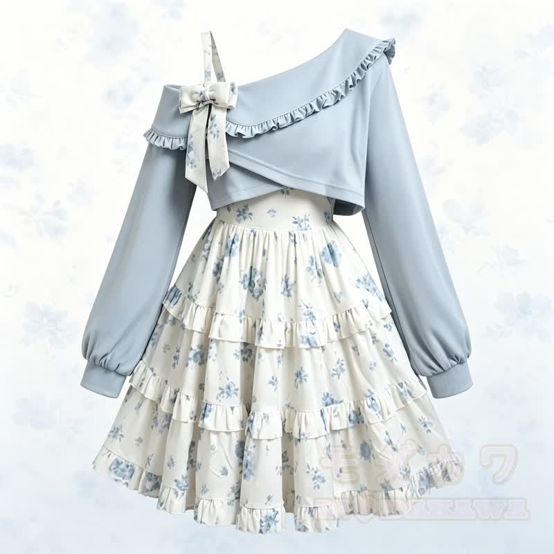 Süßes Rüschen-Crop-Top mit schulterfreiem Oberteil und gestuftem Blumenkleid, zweiteiliges Set - image 1