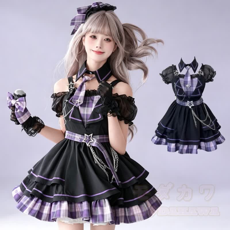 Lolita Fashion Plaid Star Chain Decor Fake Two Piece Dress - image 1